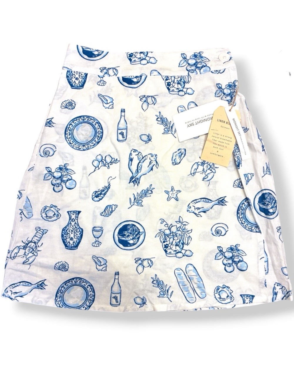 🌊 Midnight Sky Linen Blend Wrap Skirt Blue White Coastal Print XS NWT